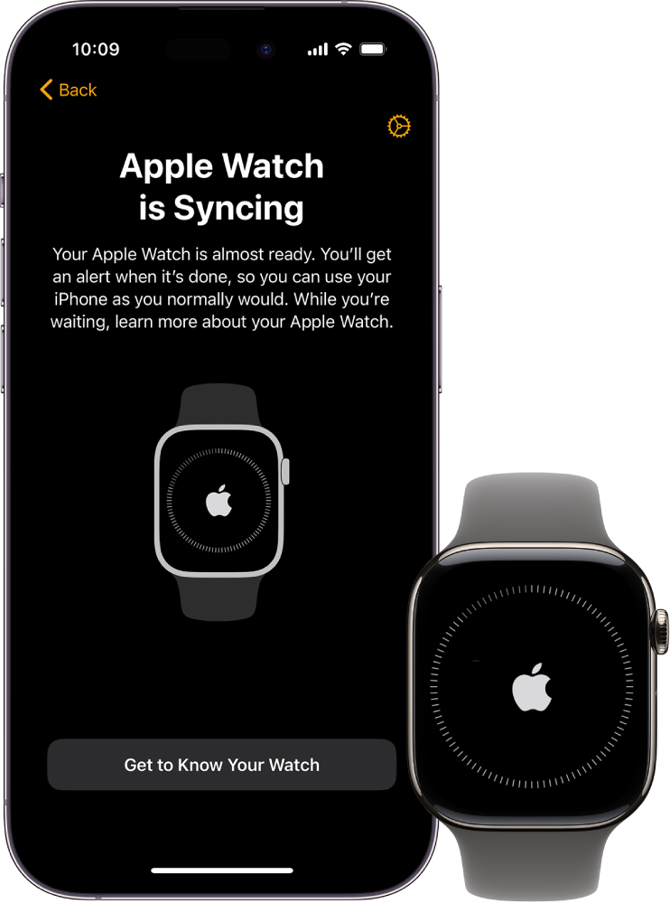 Ένα iPhone και ένα Apple Watch, πλάι-πλάι. Οθόνη του iPhone που εμφανίζει την ένδειξη «Το Apple Watch συγχρονίζεται». Το Apple Watch εμφανίζει την πρόοδο συγχρονισμού.