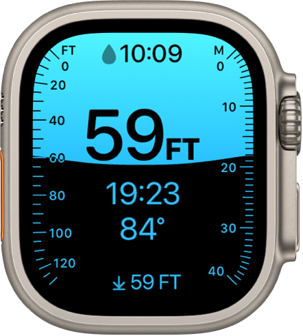 A Depth screen on Apple Watch Ultra, showing the current depth, elapsed time, and water temperature.