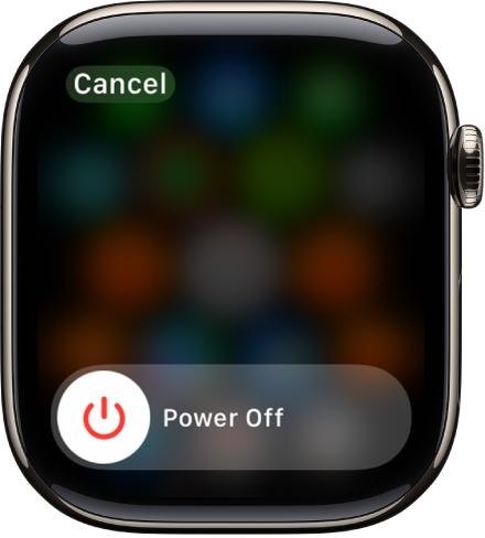 La pantalla del Apple Watch muestra el regulador Apagar; arrastra este regulador para apagar el Apple Watch.