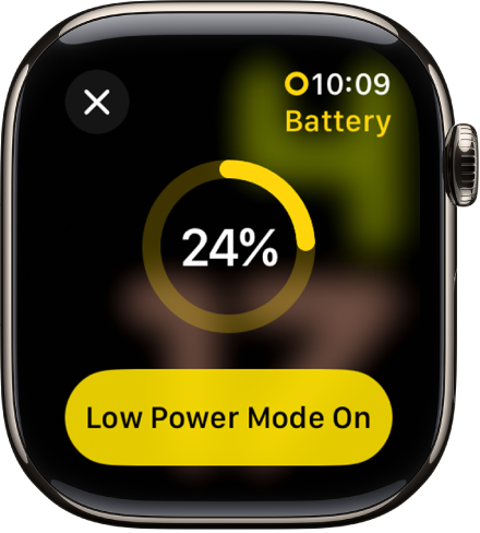 L’écran Mode économie d’énergie avec un anneau jaune en partie rempli indiquant la charge restante. Le bouton Mode économie d’énergie activé figure en bas de l’écran.