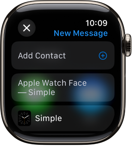 L’écran de l’Apple Watch affichant un message de partage de cadran avec le nom du destinataire en haut. En dessous se trouvent le bouton « Ajouter un contact » et le nom du cadran.