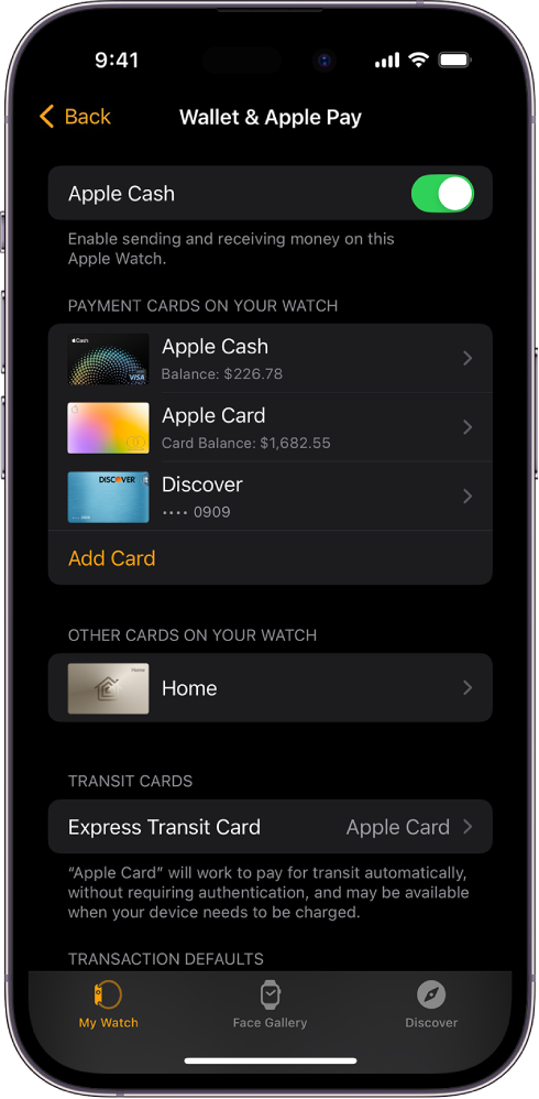 En iPhone-skjerm som viser Lommebok og Apple Pay-innstillingene i Apple Watch-appen.