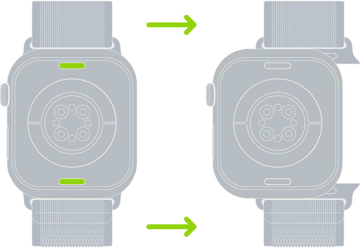 Duas imagens do Apple Watch. A imagem à esquerda mostra o botão de soltar a pulseira. A imagem à direita mostra uma pulseira parcialmente inserida no encaixe de pulseira.