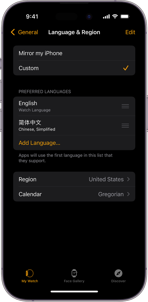 Tela de Idioma e Região no app Apple Watch, com inglês e espanhol aparecendo abaixo de Idiomas Preferidos.