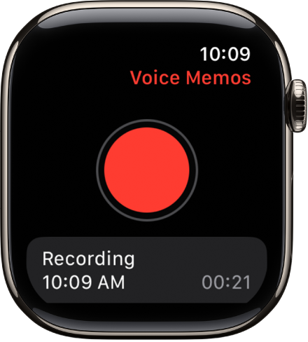 顯示「語音備忘錄」畫面的 Apple Watch。紅色「錄製」按鈕位於頂部附近。錄製的一個備忘錄顯示在下方。顯示錄製的時間和長度。