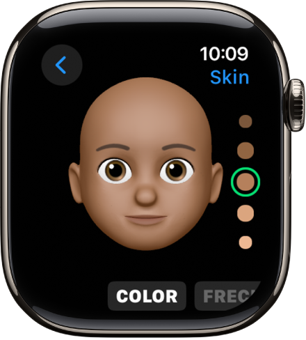 Apple Watch 上的 Memoji App 顯示「鼻子」編輯畫面。聚焦於鼻子的臉部特寫。文字「顏色」顯示在底部。