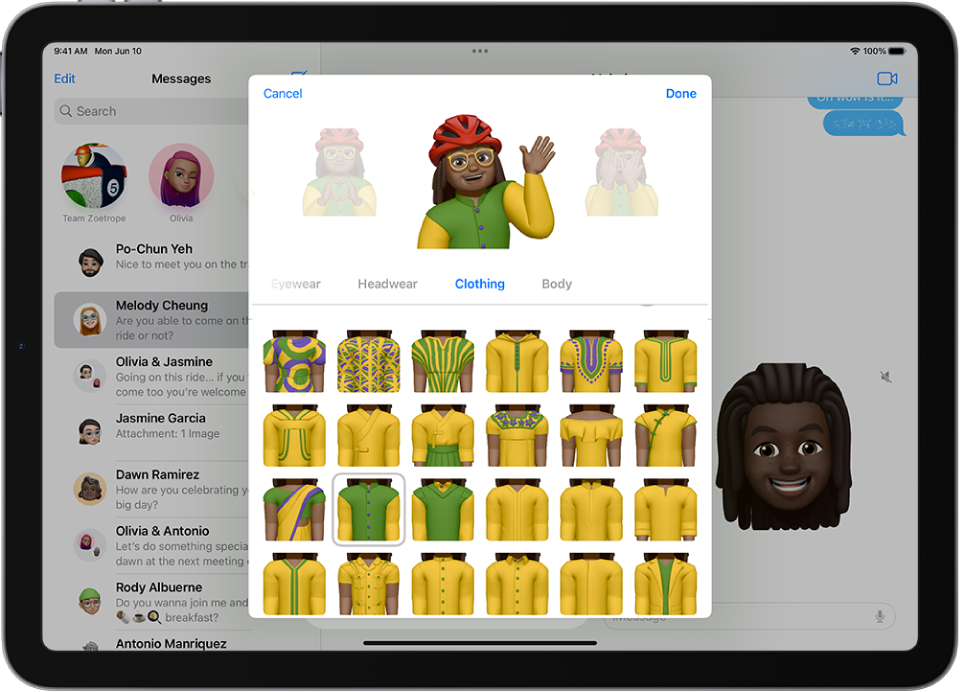 The Memoji screen, showing the character being created in the middle, features to customize below the character, then below that, options for the selected feature. The Done button is at the top right and the Cancel button is at the top left.