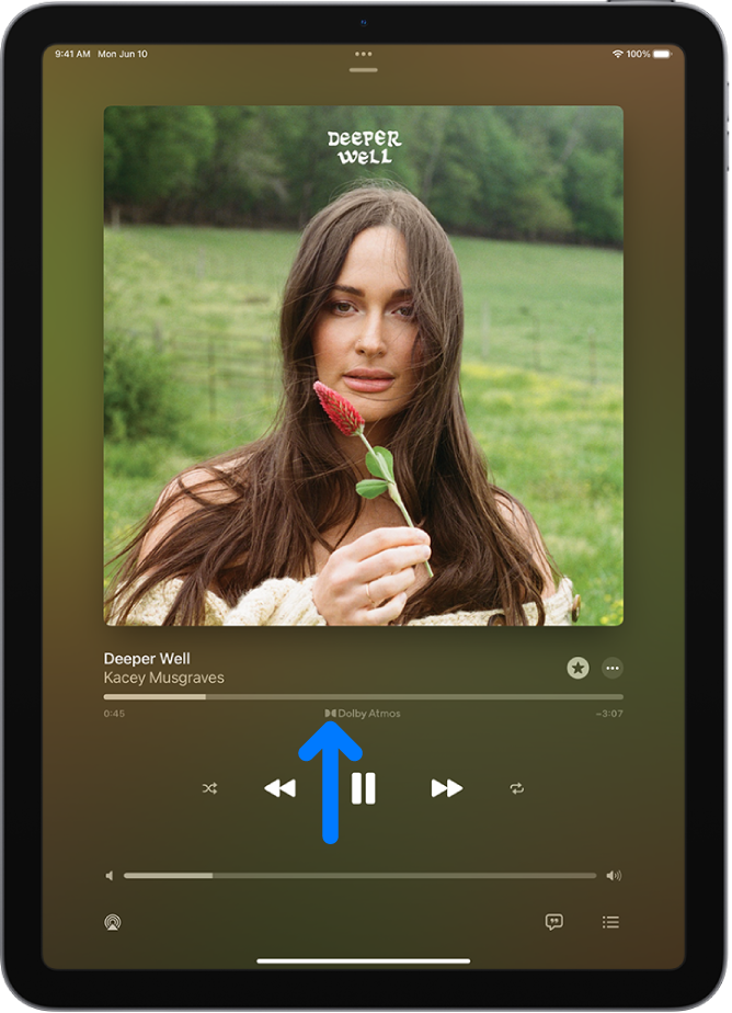 The Now Playing screen showing the Dolby Atmos icon for the track that’s playing.