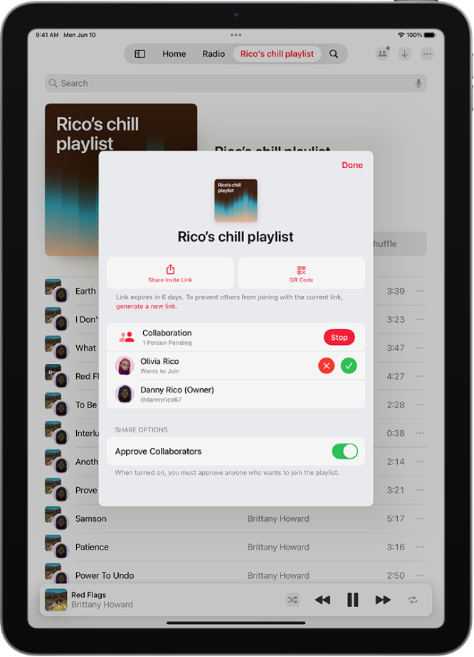 The Manage Collaboration screen in the Music app.