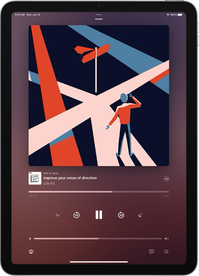 The Now Playing screen in the Podcasts app, showing the podcast artwork, the episode title, the playback controls, and the volume slider. At the bottom of the screen is the AirPlay icon and the Playing Next button.