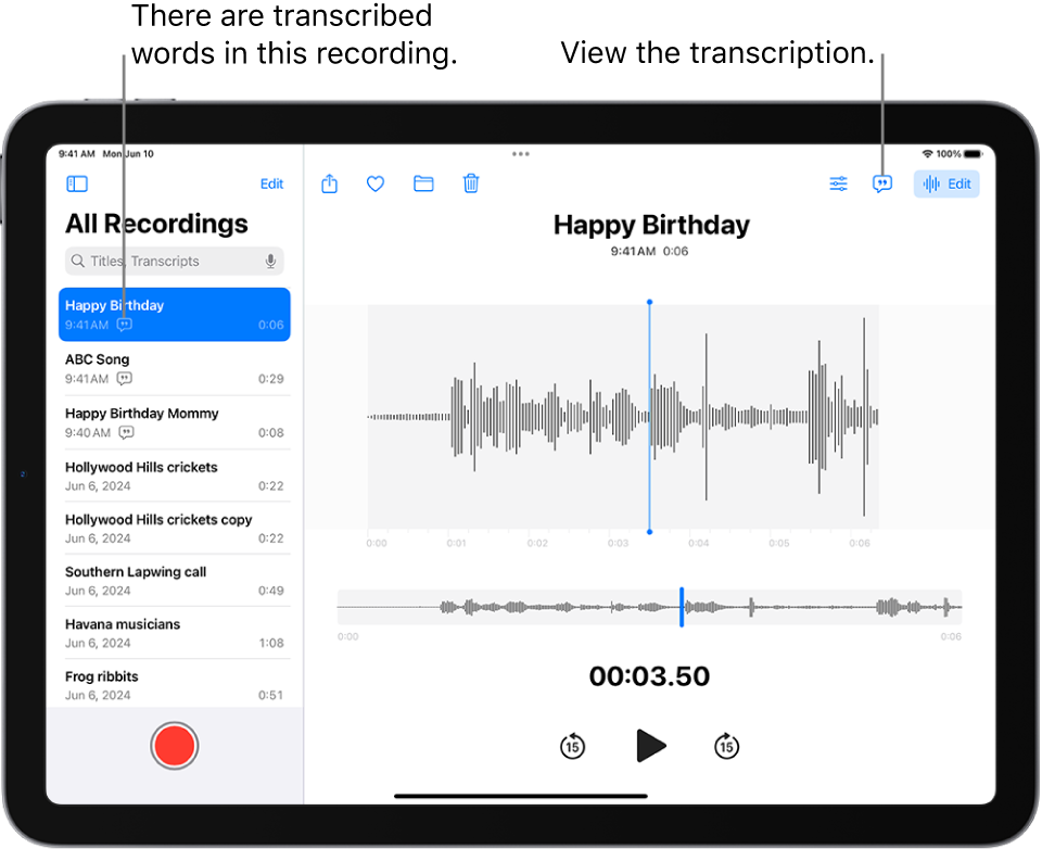 A recording made in Voice Memos. The list of recordings is on the left, with a selected recording at the top. On the right, the waveform has a playhead, which you can drag to go to a specific place in the recording. Above the waveform are the Share, Favorite, Move, Delete, Playback Settings, Transcription, and Edit buttons. Below the timeline are the Playback controls.