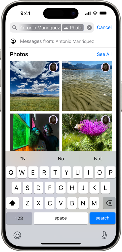 El camp de cerca a l’app Missatges. El camp de cerca conté una etiqueta que limita la cerca a les fotos enviades per una persona.