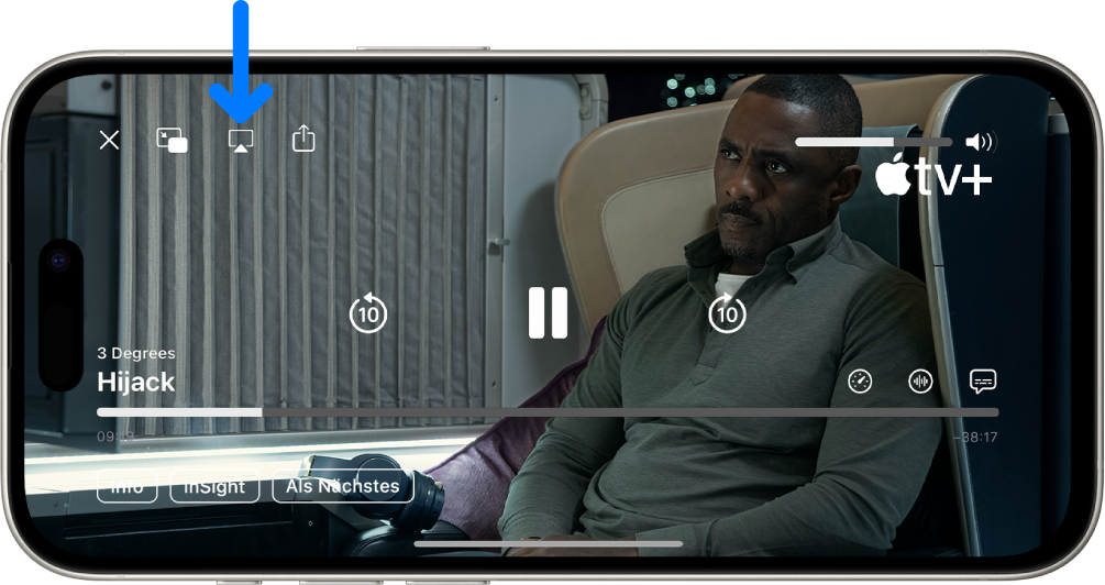 Ein Film wird auf dem iPhone-Bildschirm wiedergegeben. In der Mitte des Bildschirms werden die Wiedergabesteuerungen angezeigt. Links oben befindet sich die Taste „AirPlay“.