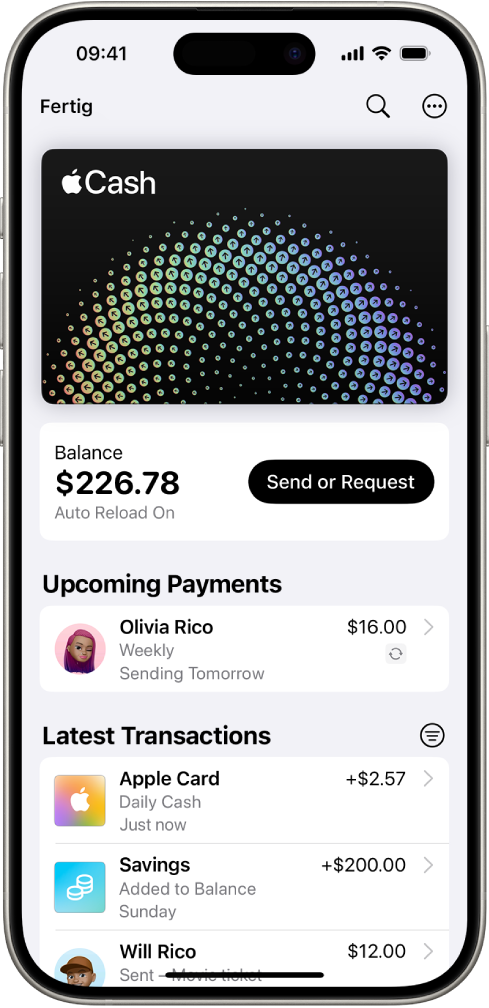 Die Apple Cash-Karte in der App „Wallet“ mit der Taste „Mehr“ oben rechts, dem aktuellen Kontostand, den Tasten „Bezahlen“ oder „Anfordern“ in der Mitte und den neuesten Transaktionen unten.