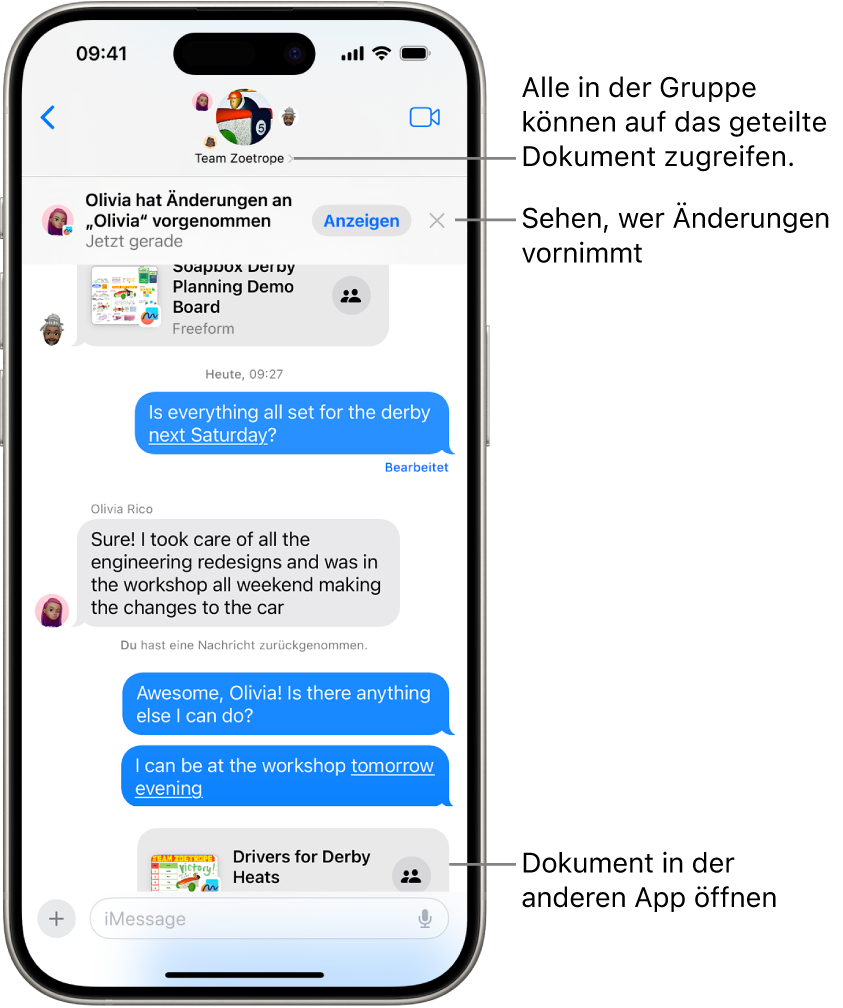 Eine Gruppenkonversation in der App „Nachrichten“ mit einer Einladung zum Zusammenarbeiten und Aktualisierungen im oberen Fensterbereich.