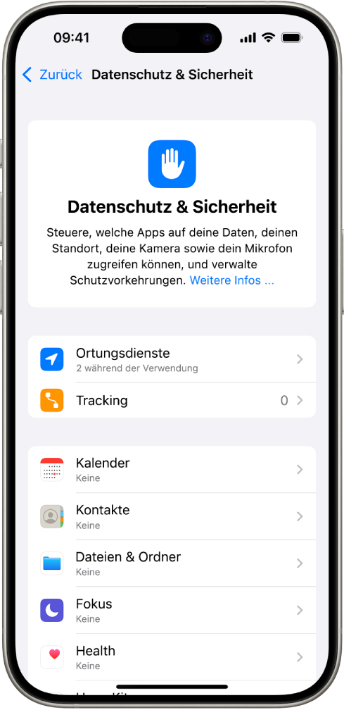 Der Bildschirm „Datenschutz & Sicherheit“ unter „Einstellungen“.