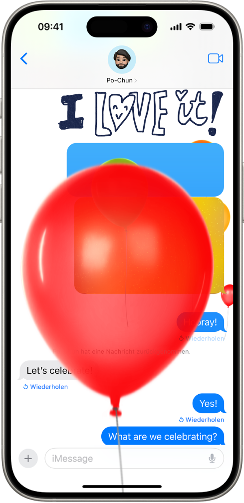 Eine bildschirmfüllende Animation von Ballons mit der Taste „Wiederholen“ unter den Nachrichten, die mit den Effekten gesendet wurden.