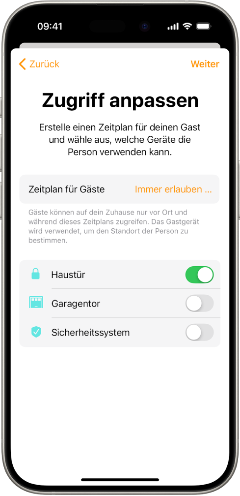 Der Bildschirm „Zugriff anpassen“ in der App „Home“ zeigt den Zeitplan für Gäste sowie Zugriff auf die Eingangstür, das Garagentor und das Sicherheitssystem.