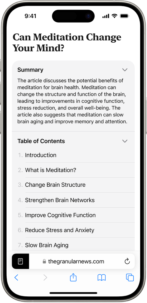 The Safari Reader showing a summary and Table of Contents f