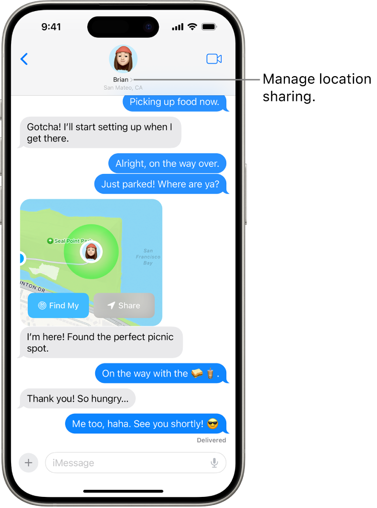 A Messages conversation with a shared location using Precision Finding.