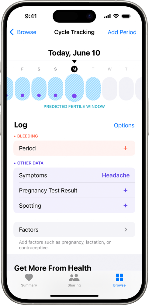 The Cycle Tracking screen with a timeline near the top showing an estimated fertile window. Below the timeline are options to add information about periods, symptoms, and more.