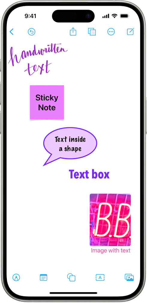 A Freeform board with a drawing, sticky note, shape, text box, and image, corresponding to the buttons at the bottom of the screen.