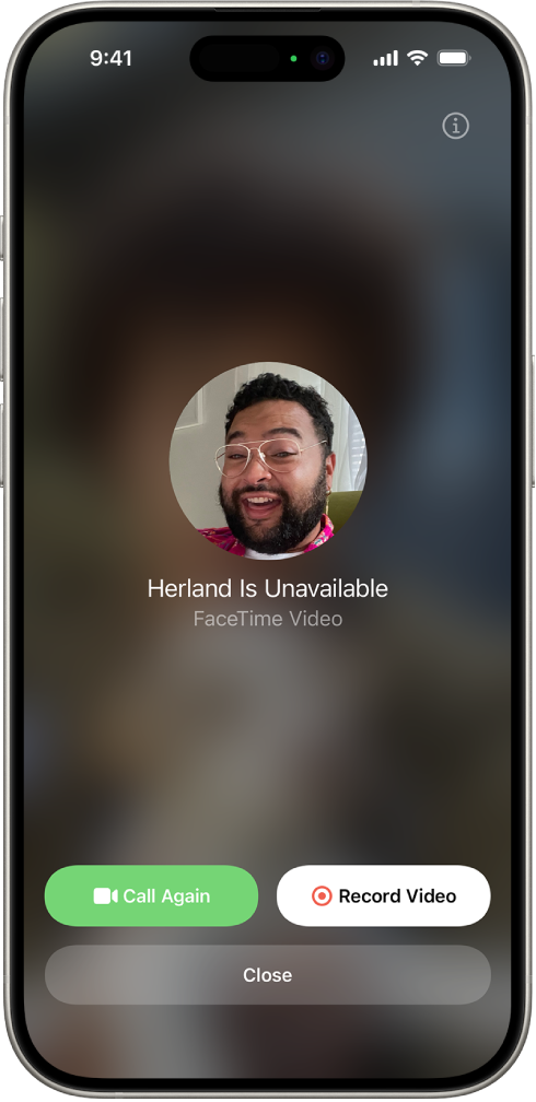 The screen for recording a video message when the person you’re calling is unavailable. It includes a Call Again button and a Record Video button you can tap to record a video message.