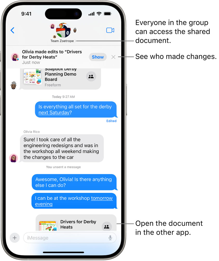 A group conversation in Messages including a collaboration invitation and updates at the top of the conversation window.