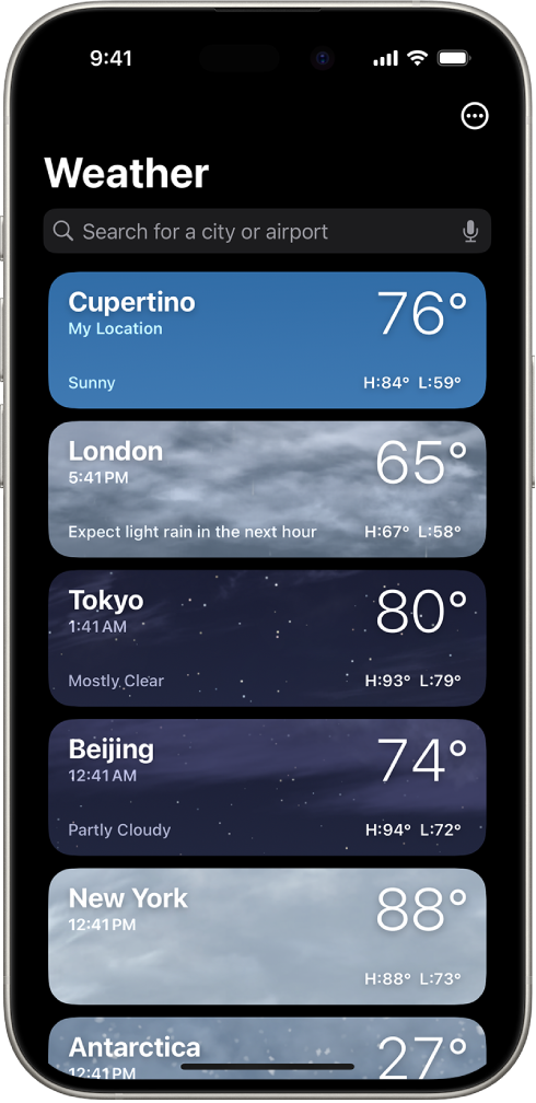 The Weather screen showing a list of cities with the current time, temperature, forecast, and high and low temperatures. At the top of the screen is the search field and in the top-right corner is the More button.