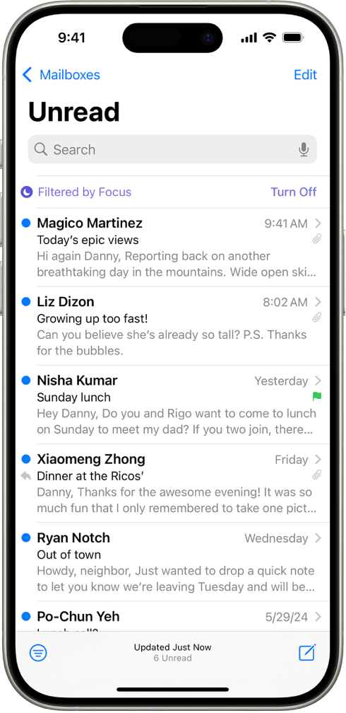 The Inbox, showing a list of emails. Above the list of emails is the label Filtered by Focus, and to the right of that it says Turn Off.