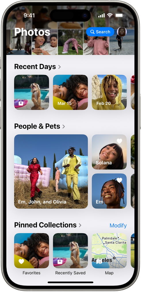 The Photos app is open. The top of the screen shows the photo library in a grid. Below that are Recent Days, People & Pets, and Pinned Collections.