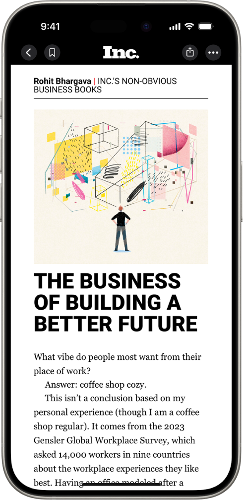 An article from Apple News. At the top-left corner of the screen is the Back button to return to the Stocks app and the Bookmark button. At the top-right corner are the Text Size and More Actions buttons.