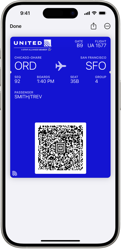 A boarding pass in the Wallet app, showing flight information and the QR code at the bottom.