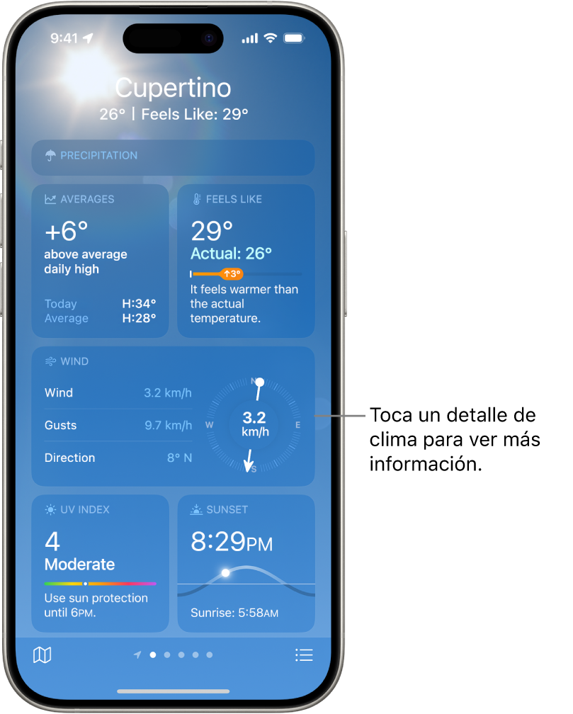 La pantalla de Clima mostrando la ubicación en la parte superior, y debajo la temperatura actual y las condiciones de clima. El resto de la pantalla contiene los detalles del clima sobre calidad del aire, precipitación, índice UV y puesta de sol.