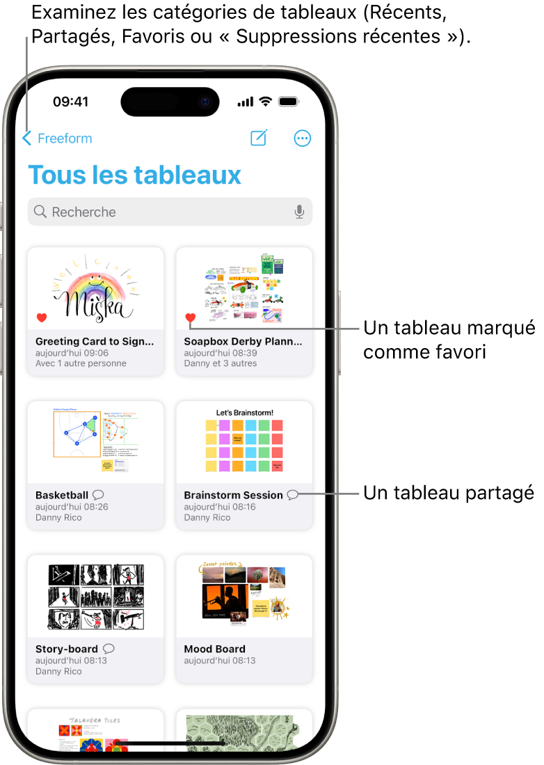 L’écran « Tous les tableaux » de Freeform est ouvert et affiche huit vignettes de tableau.