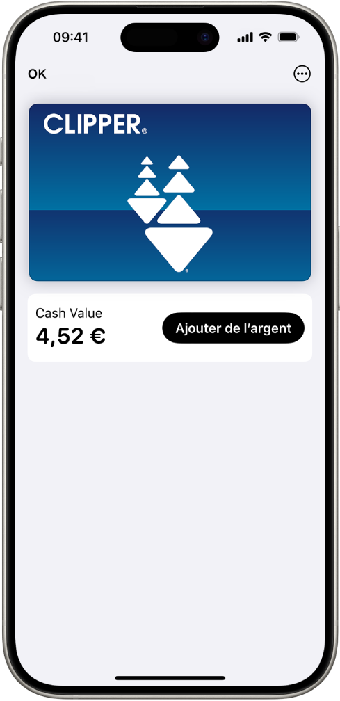 Une carte de transport dans l’app Cartes, avec le solde du compte et le bouton « Ajouter de l’argent ».