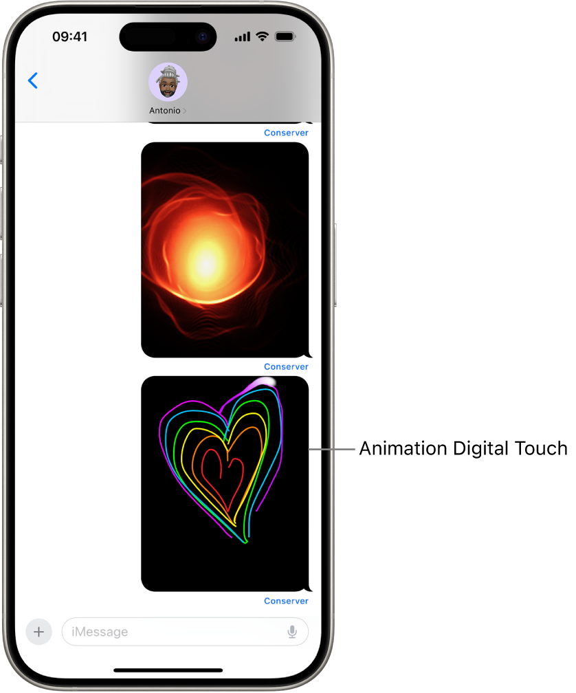 Une conversation Messages avec un geste et une animation Digital Touch.