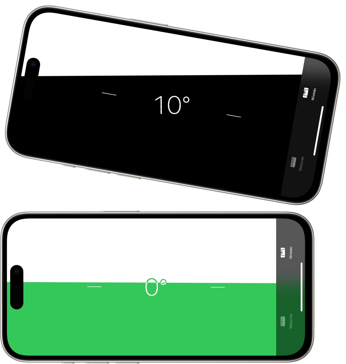 L’écran de niveau dans l’app Mesures. En haut, l’iPhone est incliné à un angle de dix degrés. En bas, l’iPhone est de niveau.