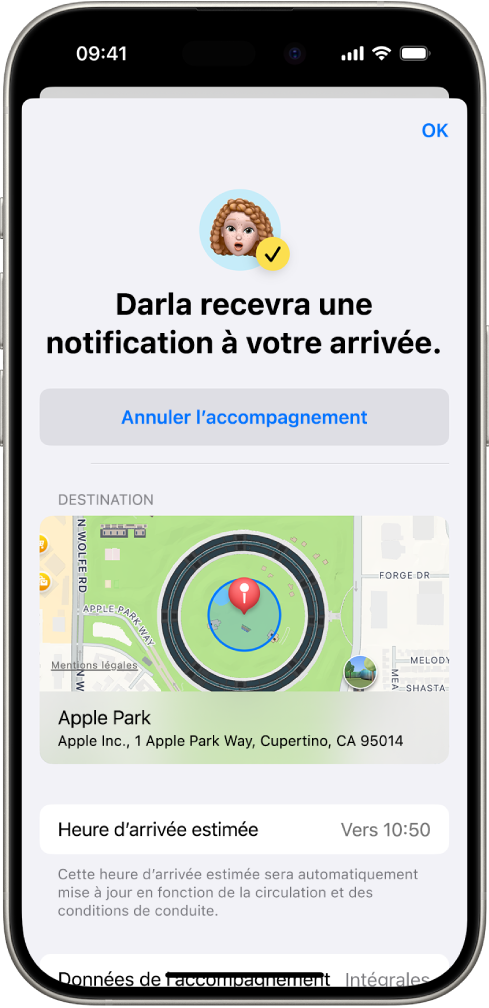 Un écran Accompagnement indiquant qu’un ami sera prévenu dans 14 minutes. En dessous figurent des options permettant de prolonger cette période ou d’annuler l’accompagnement. Un plan indiquant la position actuelle de l’utilisateur se trouve en bas de l’écran.