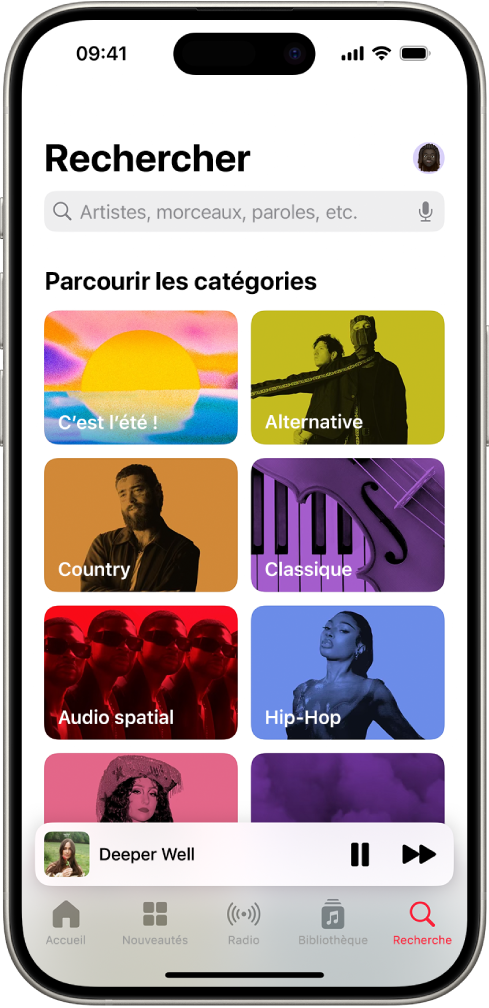 L’écran Rechercher, avec le champ de recherche en haut. La section « Parcourir les catégories » en dessous affiche huit catégories.
