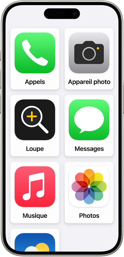 Un iPhone affichant l’écran d’accueil d’« Accès d’aide », avec une grille d’apps de grande taille.