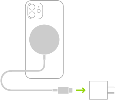 Ilustrasi menampilkan satu ujung Pengisi Daya MagSafe yang terpasang ke bagian belakang iPhone dan ujung lain tersambung ke adaptor daya.