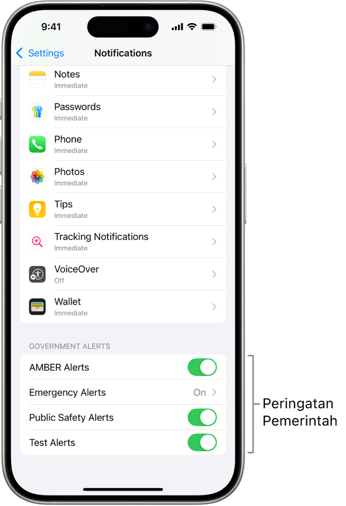 Layar Pemberitahuan, menampilkan Peringatan Pemerintah yang dapat Anda nyalakan untuk menerima peringatan pemerintah.