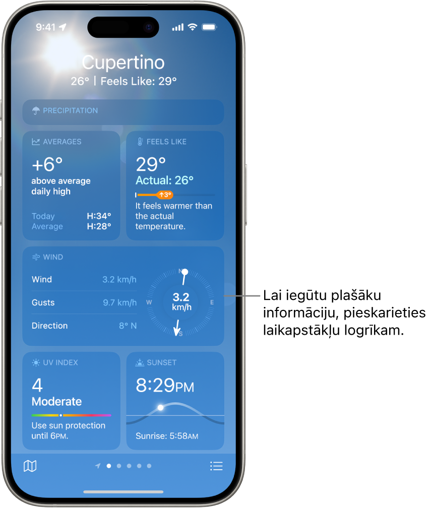 Ekrāns Weather, kur augšpusē redzama atrašanās vieta un zem tā ir pašreizējā temperatūra un laikapstākļi. Pārējā ekrāna daļā ir detalizēta laikapstākļu informācija par šādiem vienumiem: gaisa kvalitāte, nokrišņi, UV indekss un saulriets.