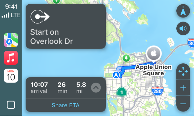 CarPlay menunjukkan Peta, Muzik dan Kalendar dalam Bar Sisi. Di sebelah kanan ialah laluan navigasi daripada Apple Park ke Stesen Apple Union.