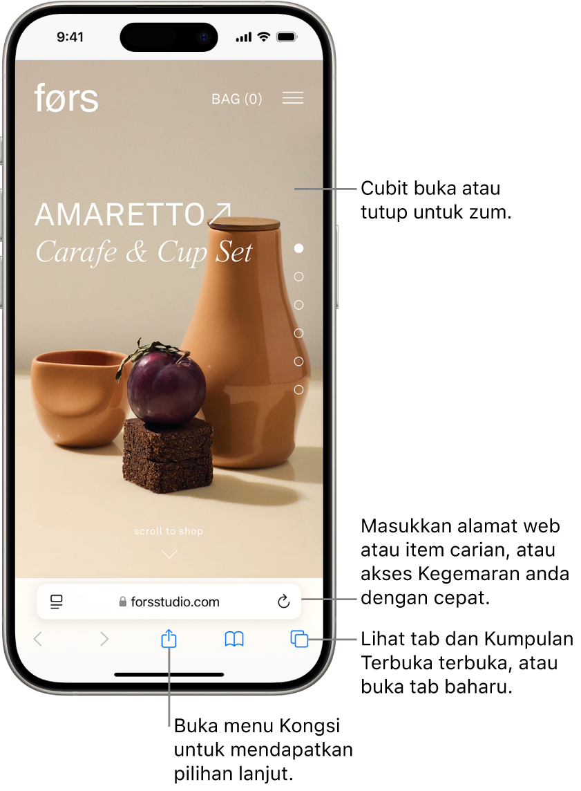 Tapak web dibuka dalam Safari, dengan medan alamat di bahagian bawah. Di bahagian bawah, dari kiri ke kanan, ialah butang Balik, Maju, Kongsi, Penanda Buku dan Tab.