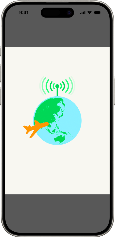 Een iPhone-scherm met een illustratie van een wereldbol. Boven de wereldbol wordt een radiosignaal en een vliegtuig weergegeven dat rond de wereldbol vliegt.