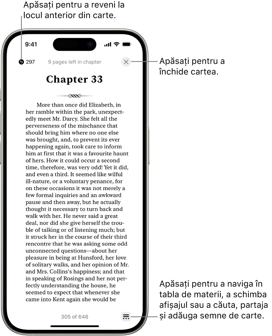 O pagină dintr-o carte în aplicația Cărți. În partea de sus a ecranului sunt butoanele pentru revenirea la pagina la care ați început să citiți și pentru închiderea cărții. În partea dreaptă jos a ecranului este butonul Meniu.