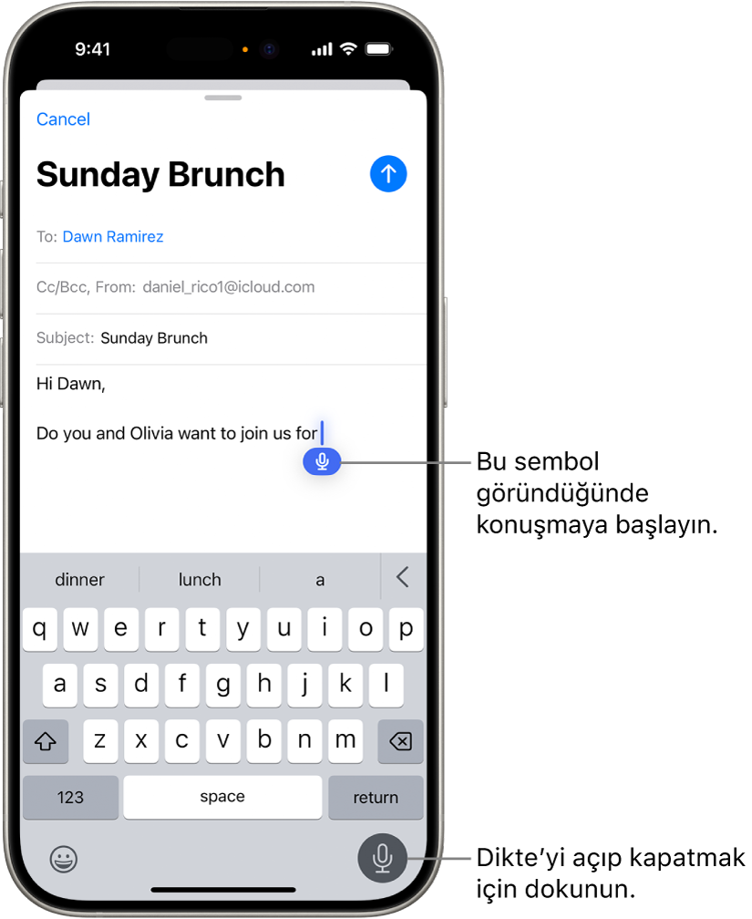 Mail uygulamasında ekran klavyesi açık. Ekranın sağ üst köşesinde Dikte düğmesi seçili ve metin alanındaki ekleme noktasının altında Dikte düğmesi görünüyor.