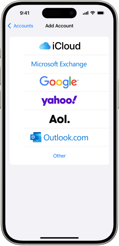 “添加账户”屏幕，包含用于选取 iCloud、Microsoft Exchange、谷歌、雅虎、AOL 和“其他”的选项。